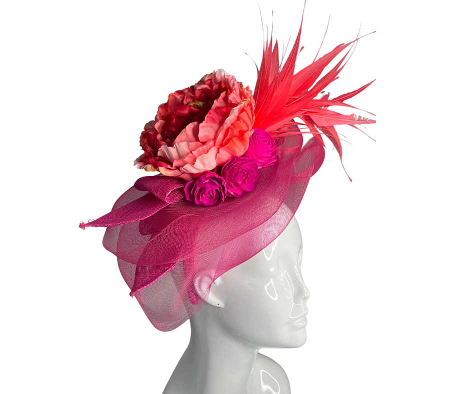 Raspberry Swirl Fascinator with Coral Bloom and Scarlet Feather Burst