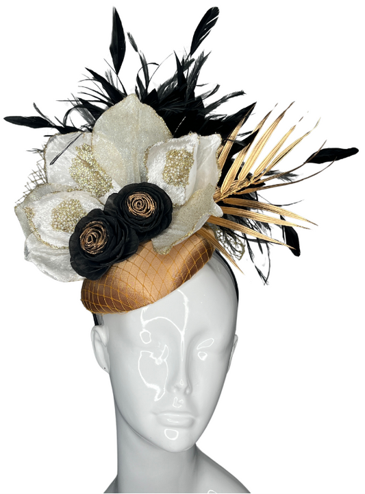 Golden Elegance Derby Fascinator  Luxe Black & Gold Headpiece with Feathers & Florals