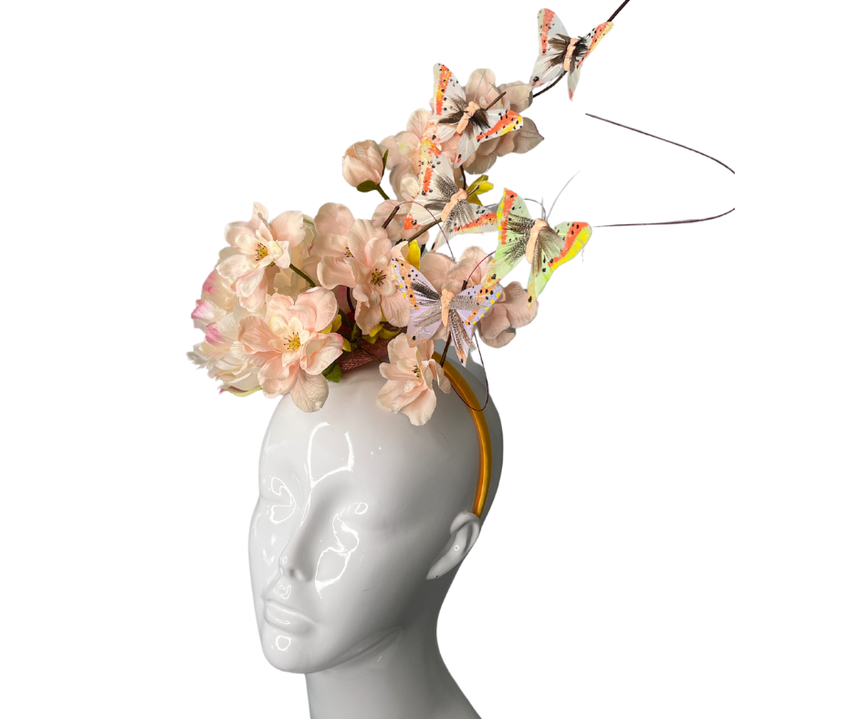 Flutter Blossom Floral with Butterfly and Feather Fascinator