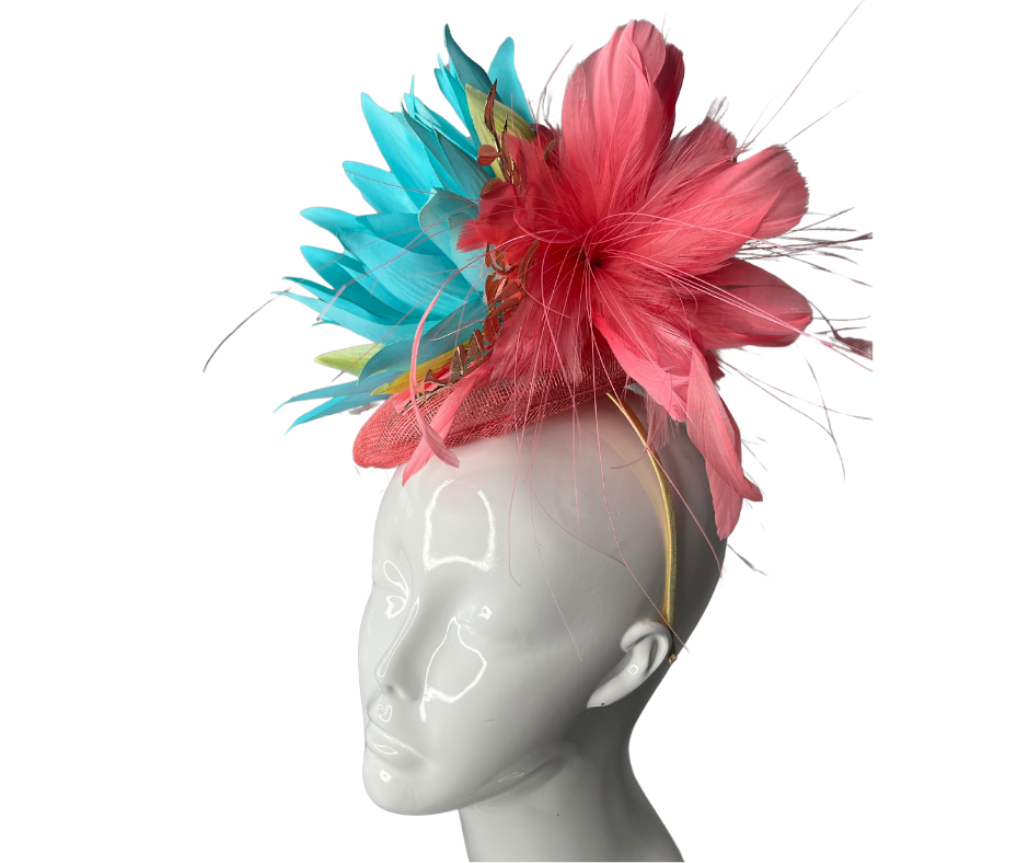 Azure Bloom: Turquoise & Coral with Gold Fascinator