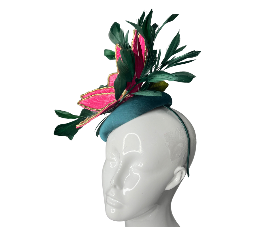 Enchanted Bloom Fascinator Emerald and Hot Pink Floral Statement Hat
