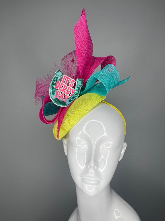 Colorful Kentucky Derby Fascinator  “It’s Derby Day” Horseshoe Hat with Pink, Teal, and Yellow Sinamay