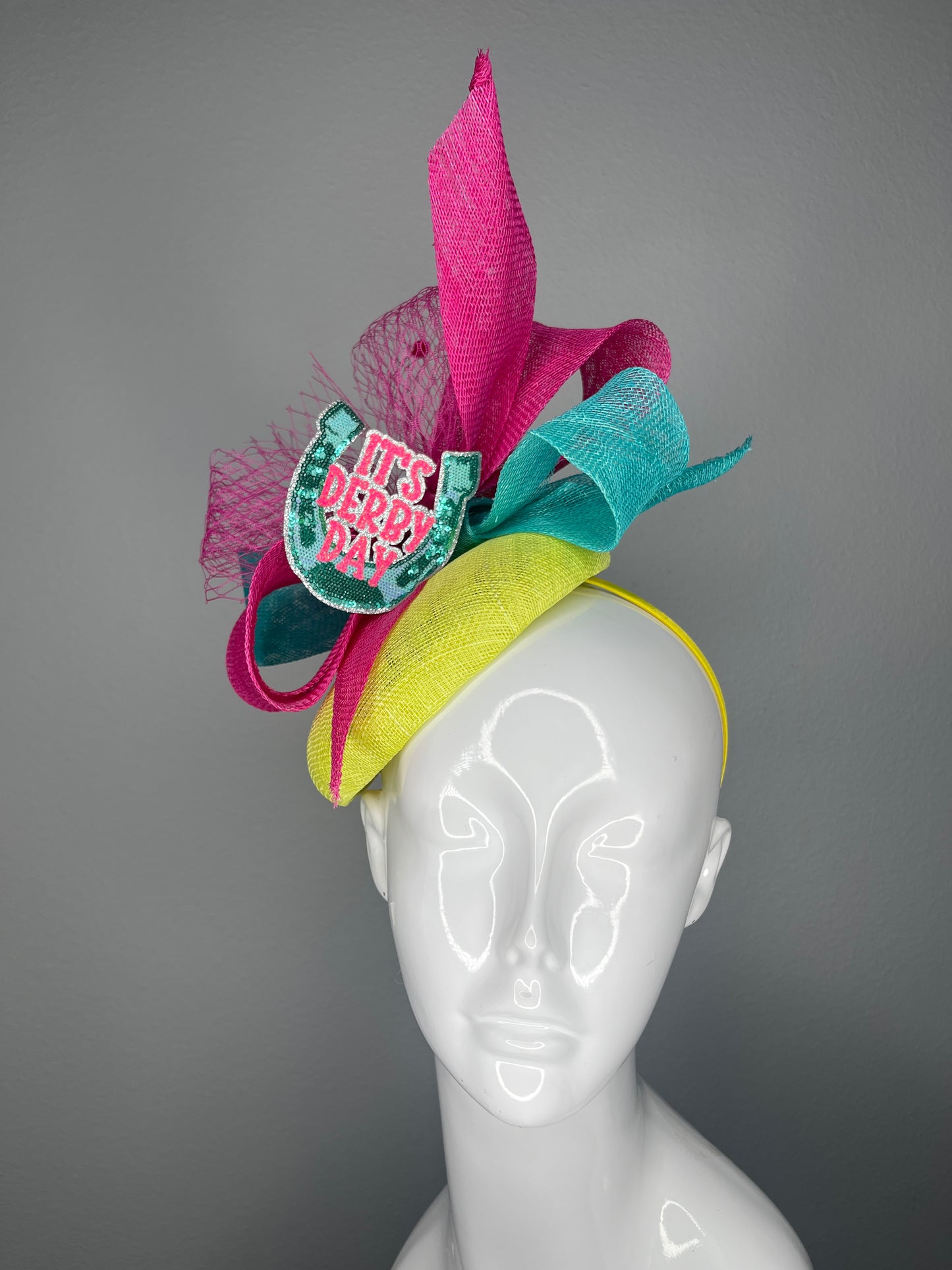 Colorful Kentucky Derby Fascinator  “It’s Derby Day” Horseshoe Hat with Pink, Teal, and Yellow Sinamay
