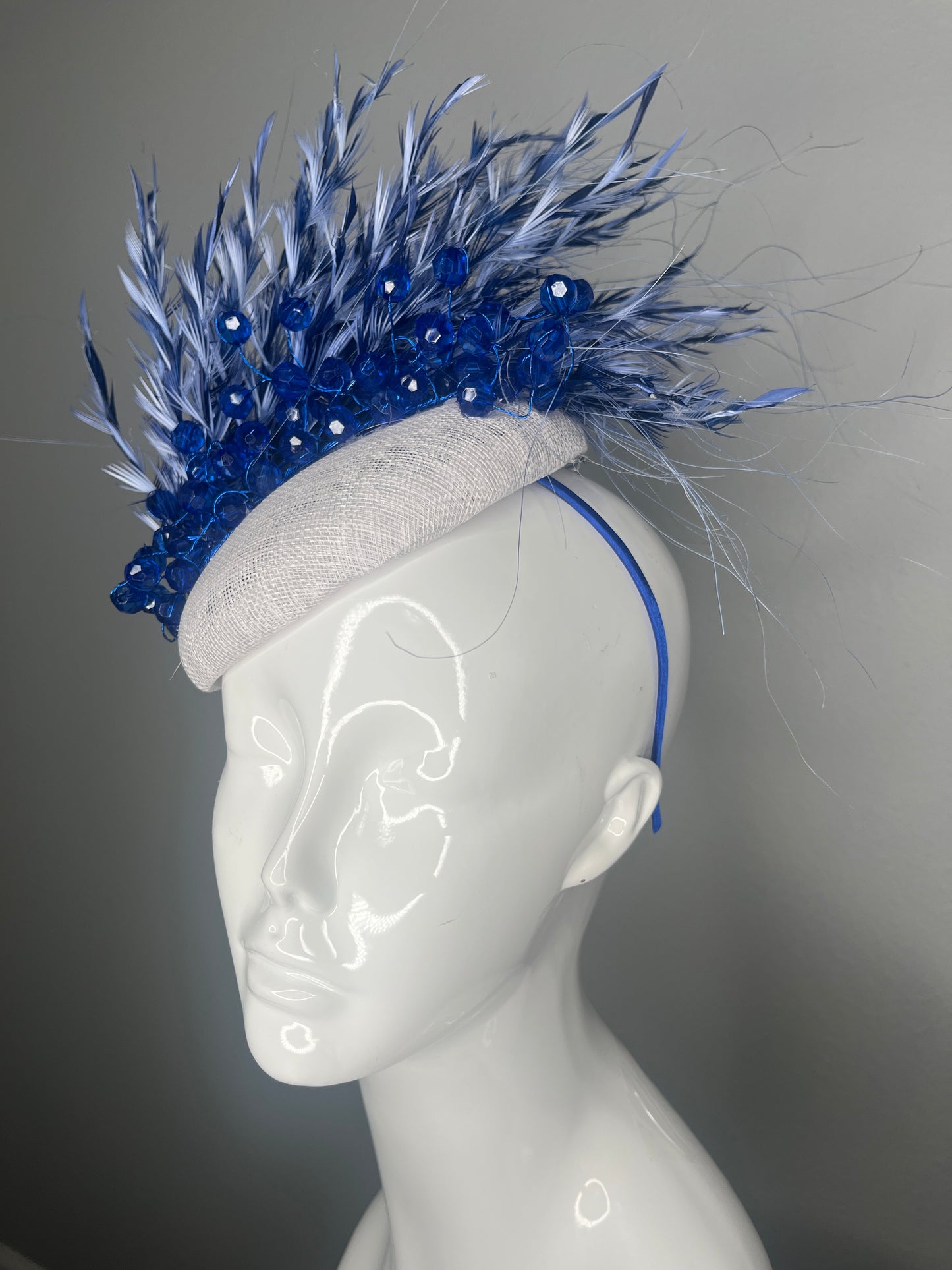 Royal Blue Feather and Crystal Fascinator White Sinamay Derby Hat