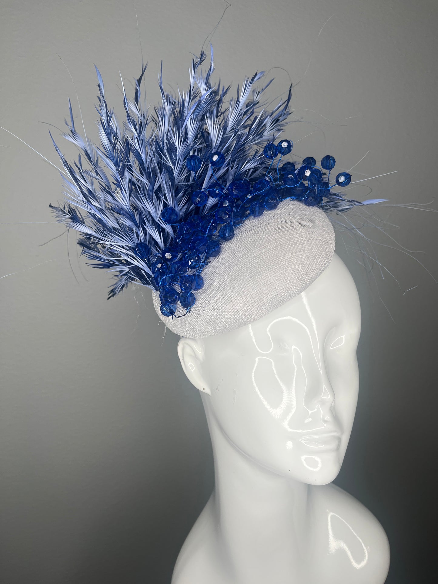 Royal Blue Feather and Crystal Fascinator White Sinamay Derby Hat