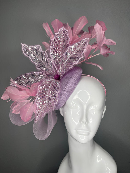 Lavender Sequin Leaf and Pink Feather Fascinator Hat