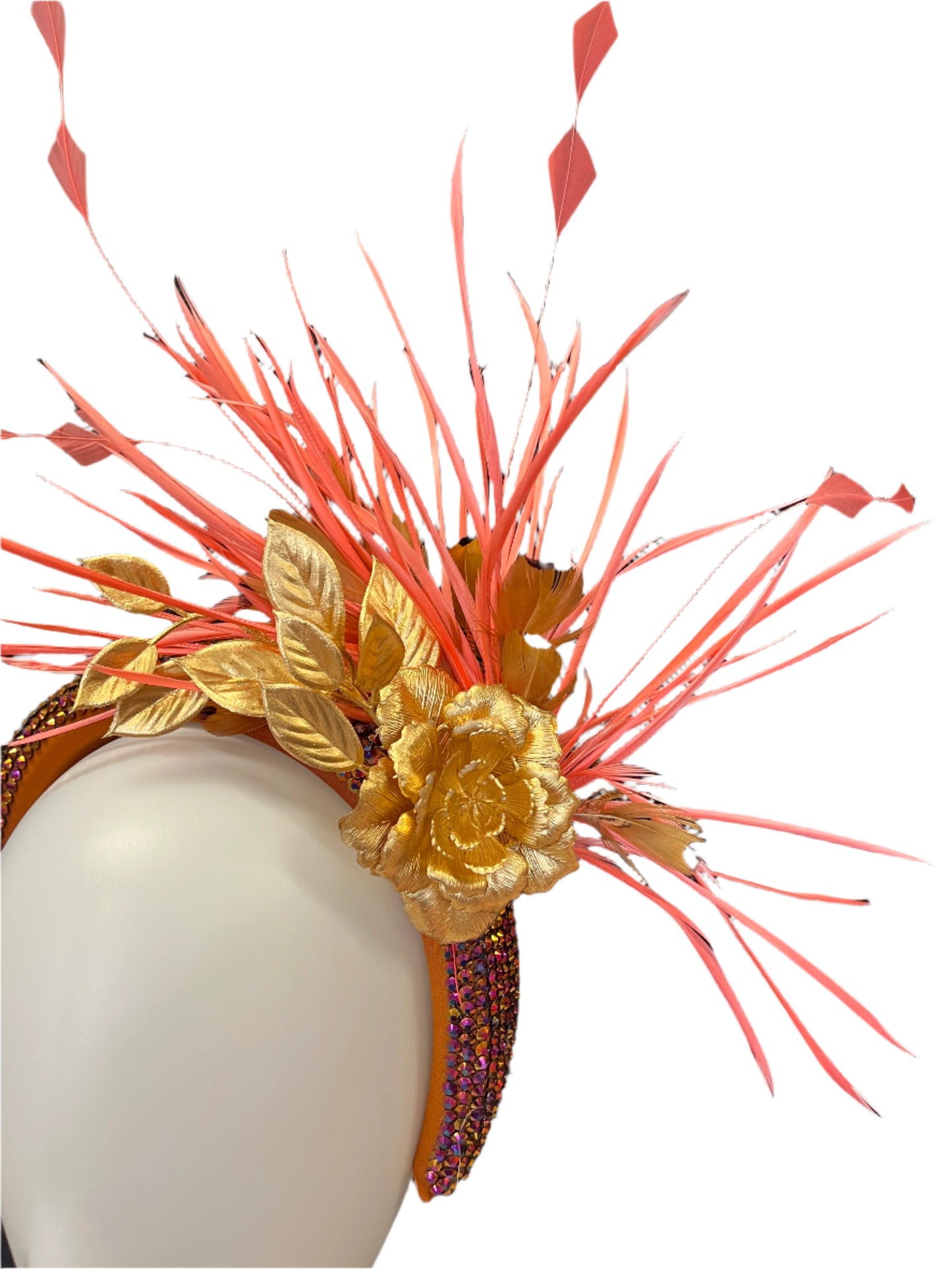 Handcrafted Coral and Brown Headband Fascinator
