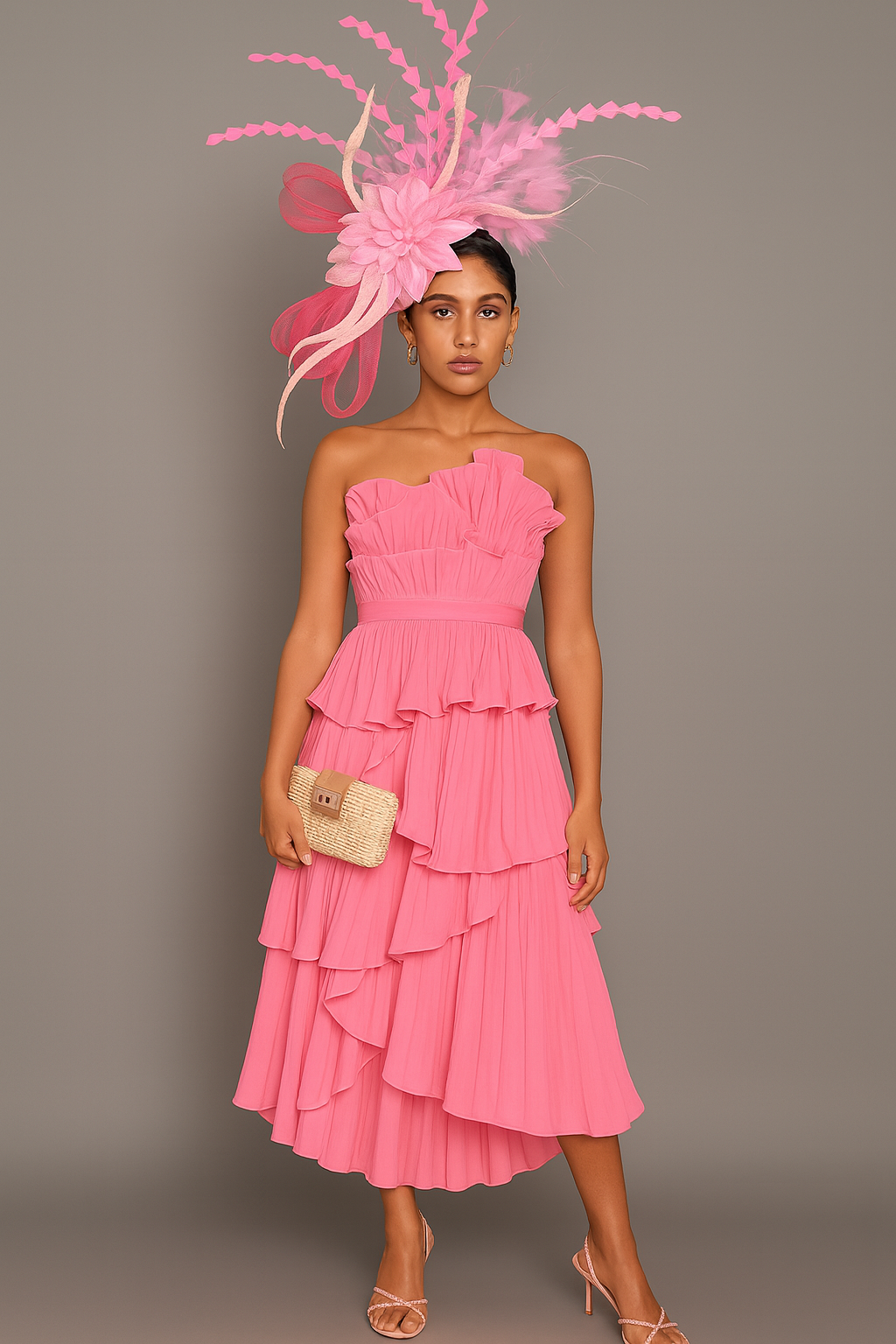 Bold Pink Statement Fascinator Hat with Floral and Feather Accents