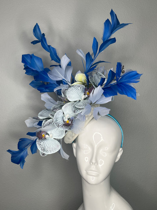 Elegant Blue Orchid Floral Feather Fascinator - Handmade Statement Hat for Weddings & Special Events