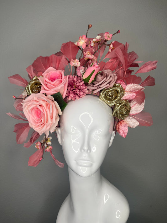 Blush Garden Crown With Roses, Cherry Blossoms & Feathered Wings