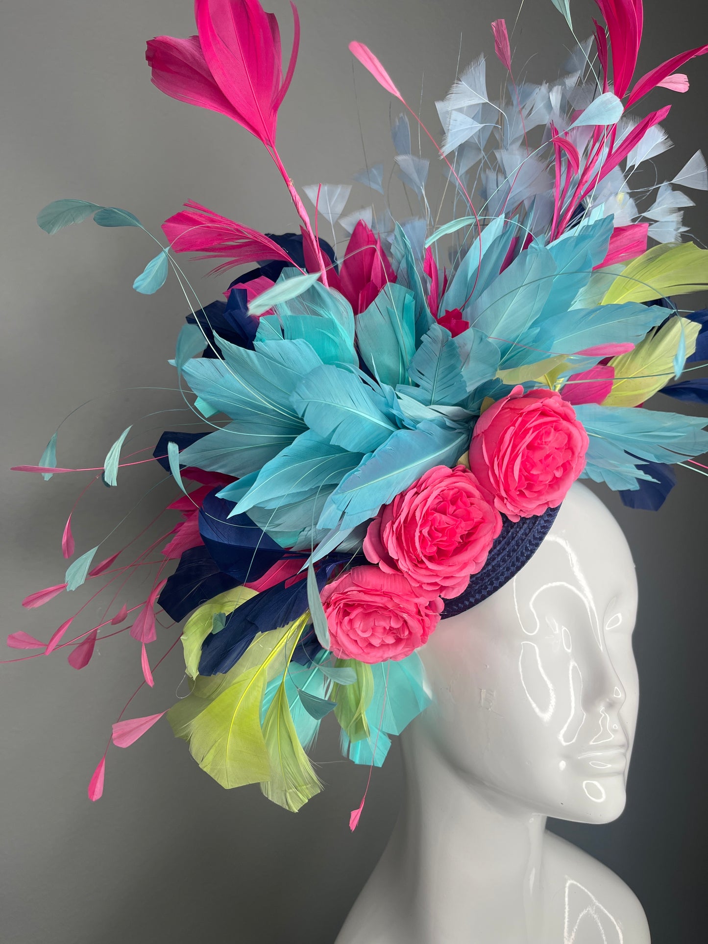 Tropical Sorbet Statement Fascinator | Aqua Blue Hot Pink  Navy Derby Hat | Bold Floral & Feather Headpiece