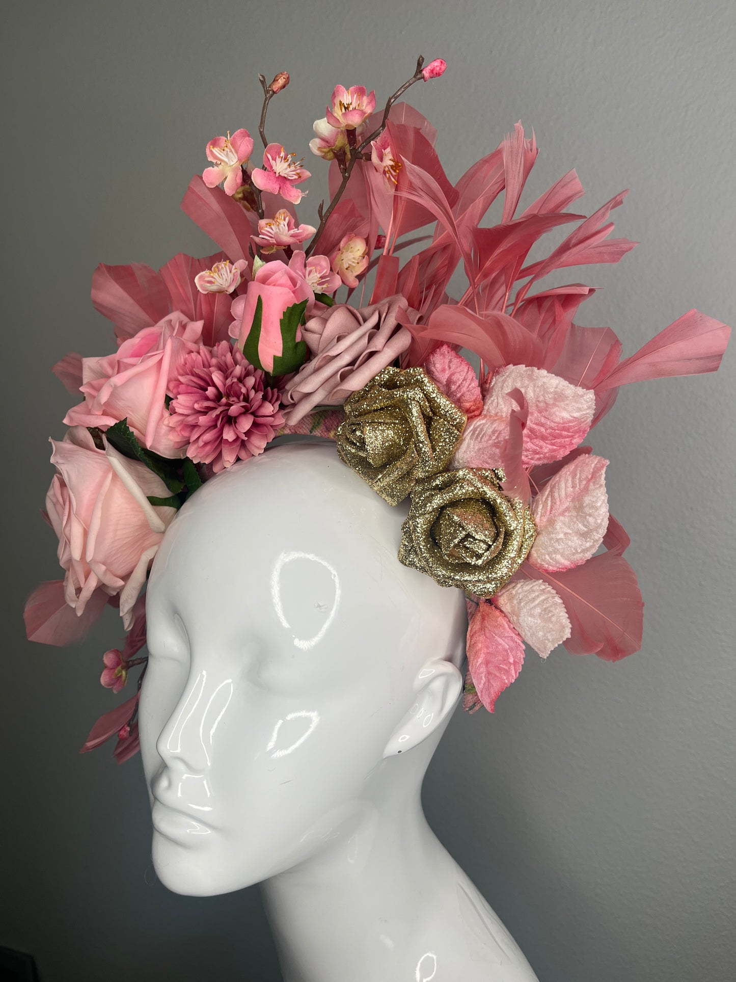 Blush Garden Crown With Roses, Cherry Blossoms & Feathered Wings