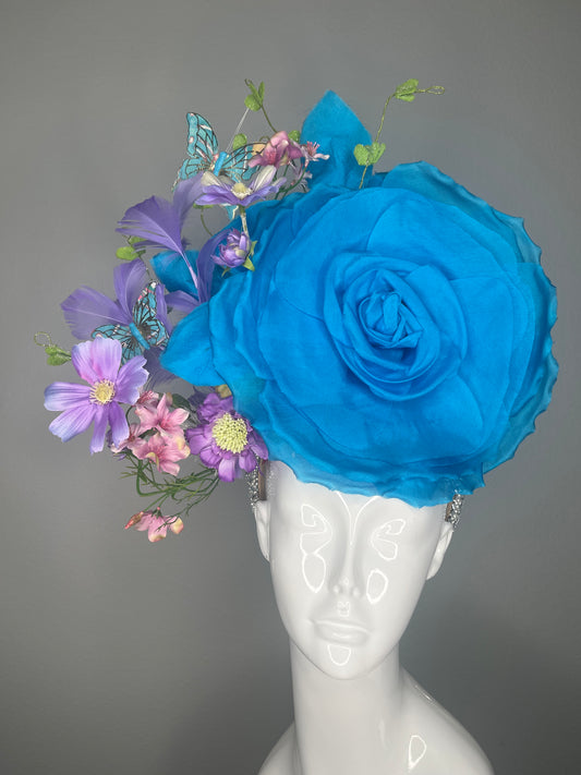 Turquoise Blue Rose Butterfly Kentucky Derby Lavender Feathers Garden Couture Fascinator Headpiece