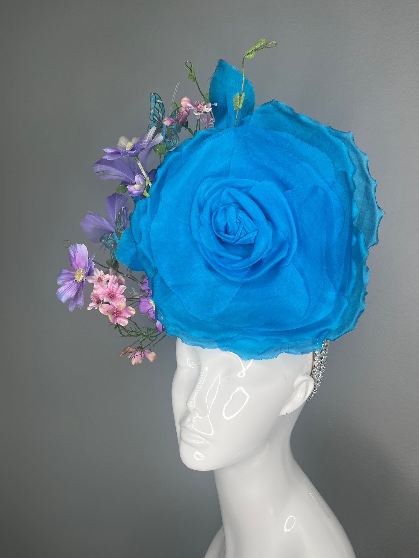 Turquoise Blue Rose Butterfly Kentucky Derby Lavender Feathers Garden Couture Fascinator Headpiece