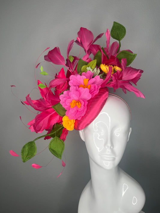 Vibrant Fuchsia Floral Feather Kentucky Derby Fascinator Pink Feathers Fascinator Hat