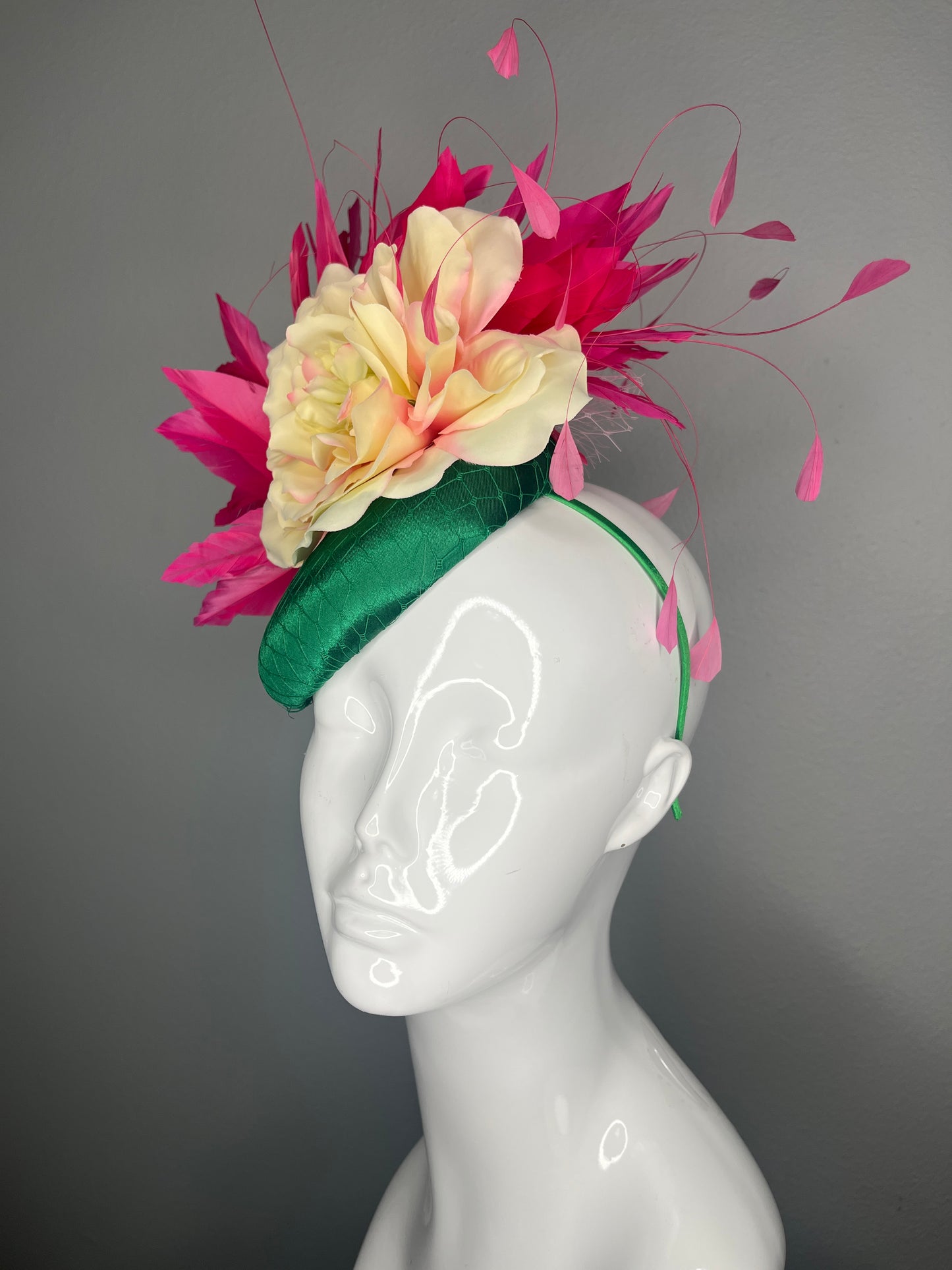 Emerald Green and Fuchsia Couture Feather Fascinator Hat with Yellow Floral Detail