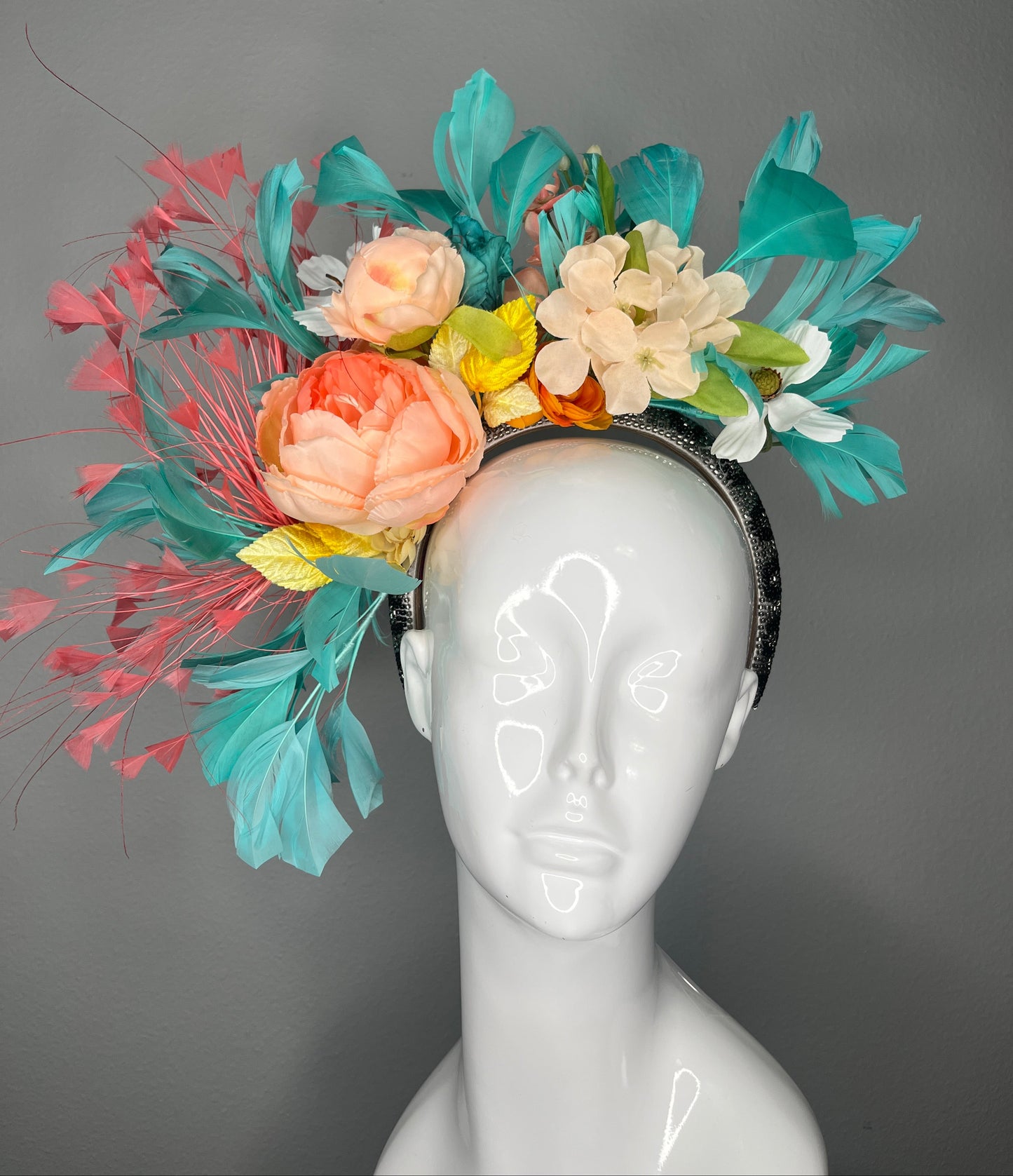 Tropical Sunrise Statement Feather Fascinator Headband Turquoise Feathers Coral Peach Florals Coral Feather Spray