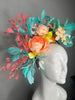 Tropical Sunrise Statement Feather Fascinator Headband Turquoise Feathers Coral Peach Florals Coral Feather Spray