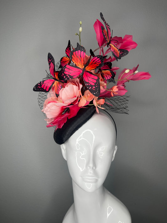 Coral Pink Butterfly Garden Black Netting Pink Feathers Fascinator Hat Kentucky Derby