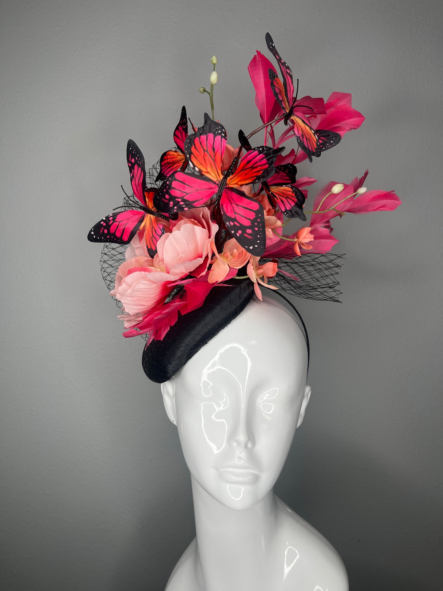 Coral Pink Butterfly Garden Black Netting Pink Feathers Fascinator Hat Kentucky Derby