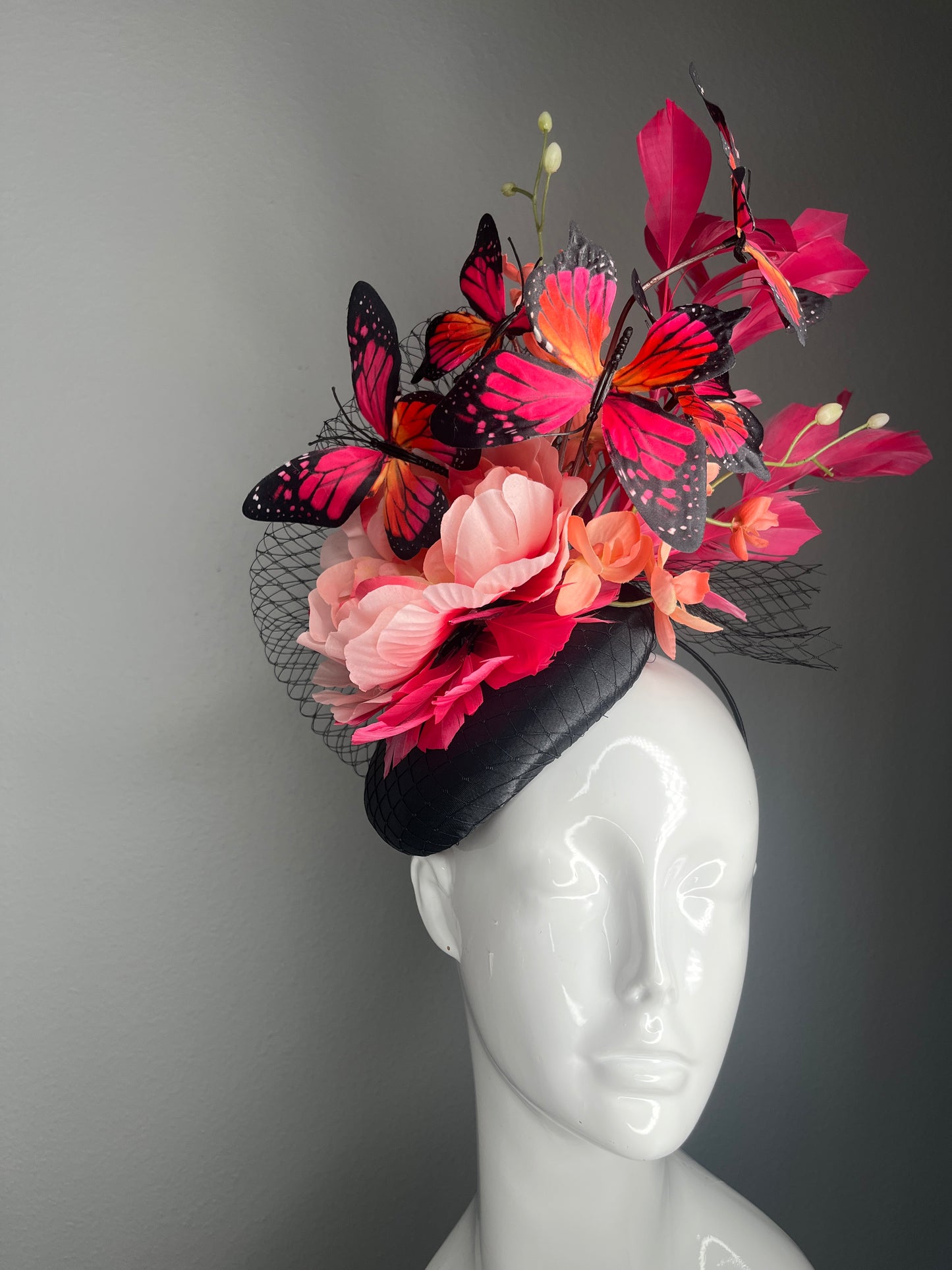Coral Pink Butterfly Garden Black Netting Pink Feathers Fascinator Hat Kentucky Derby
