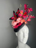 Coral Pink Butterfly Garden Black Netting Pink Feathers Fascinator Hat Kentucky Derby