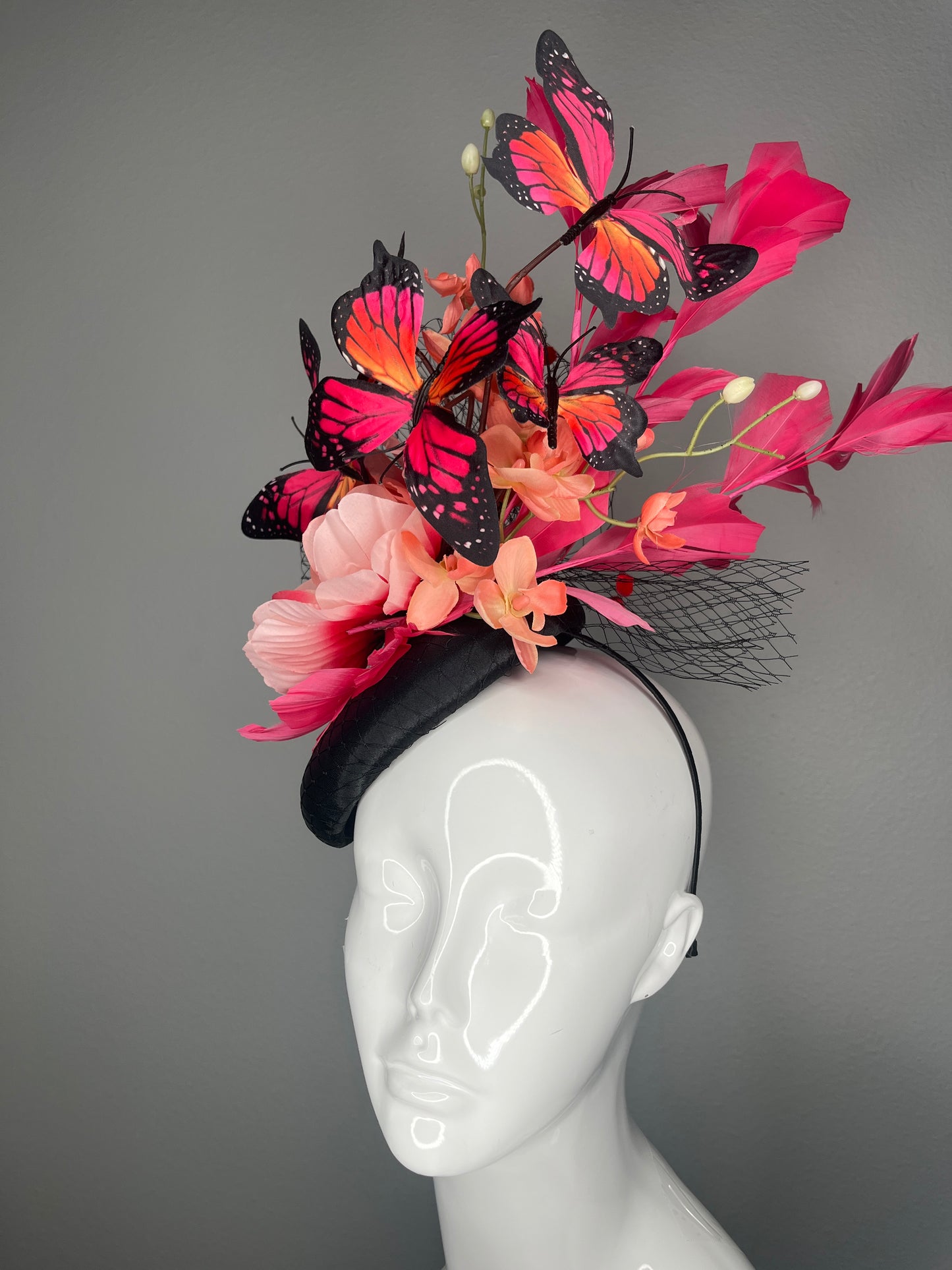 Coral Pink Butterfly Garden Black Netting Pink Feathers Fascinator Hat Kentucky Derby