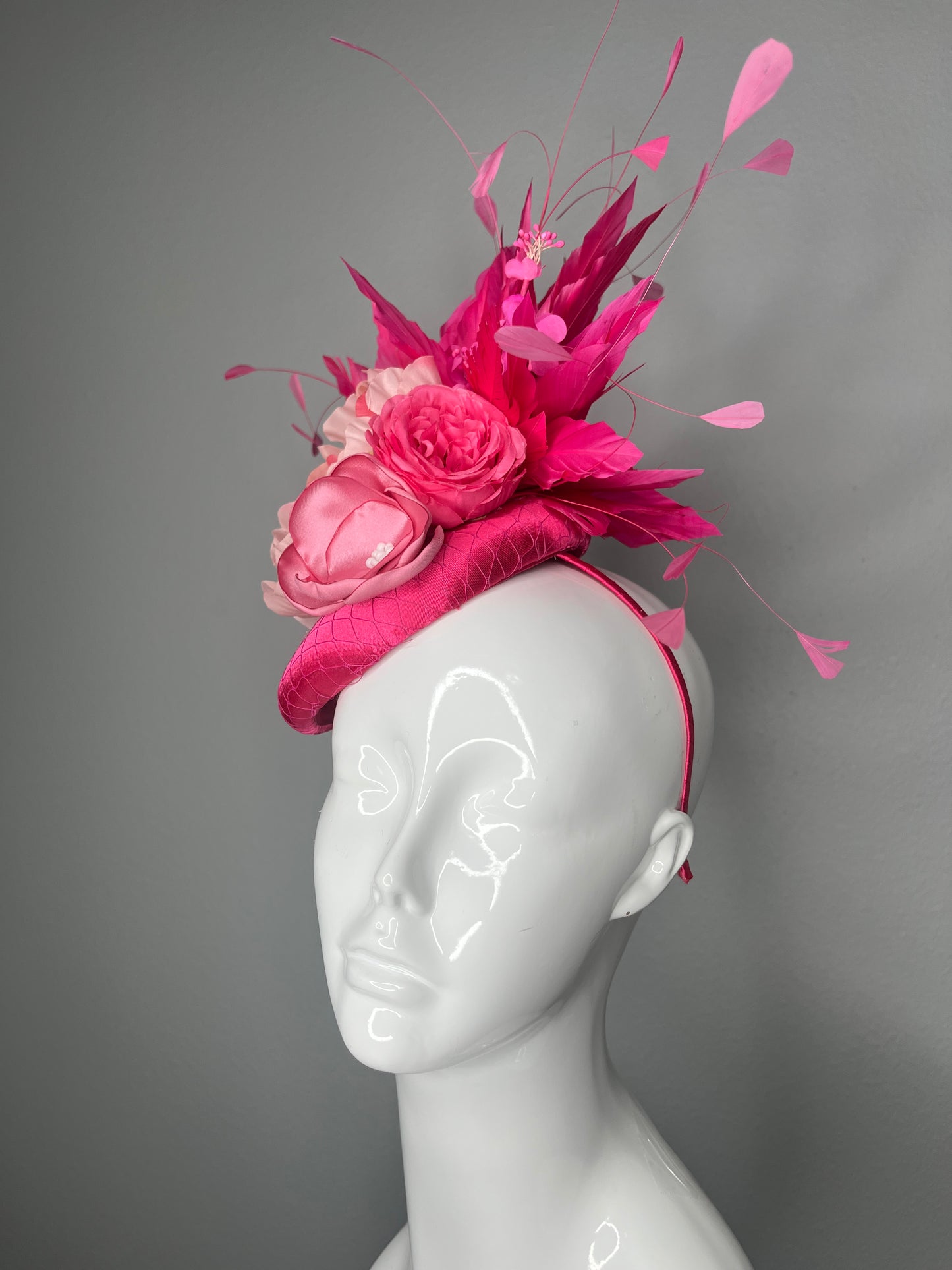 Hot  Pink Feather Floral  Bloom Fascinator  Hot Pink Derby Hat with Floral  Feather Spray