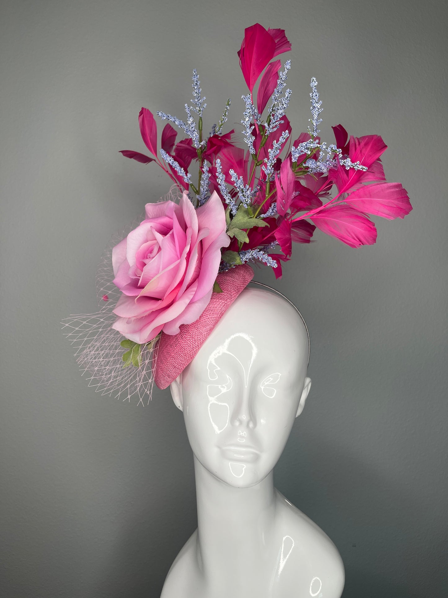 Blush Pink and Fuchsia Garden Party Fascinator Hat   Pink Rose Feather Derby Hat with Periwinkle Accents