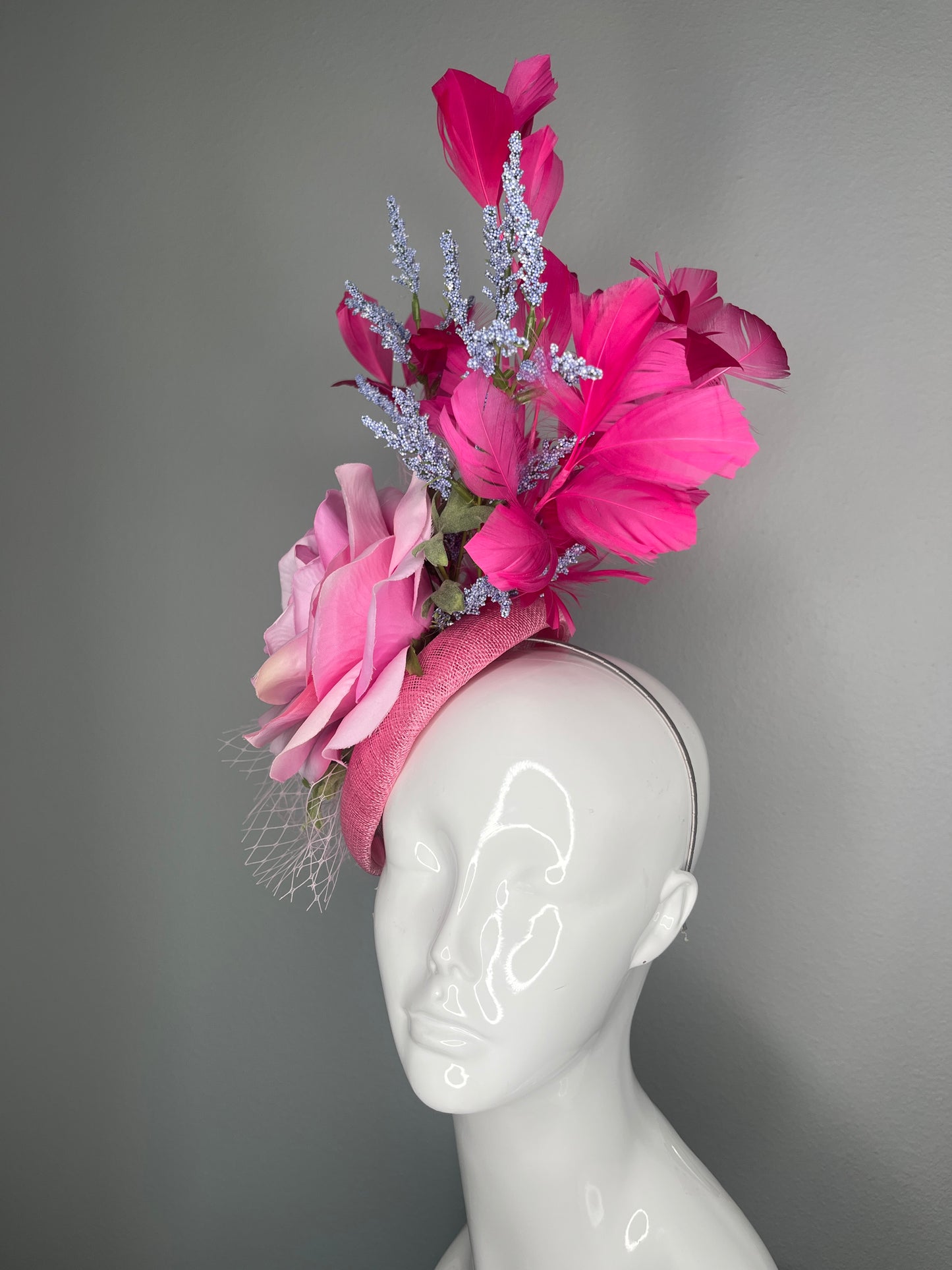 Blush Pink and Fuchsia Garden Party Fascinator Hat   Pink Rose Feather Derby Hat with Periwinkle Accents