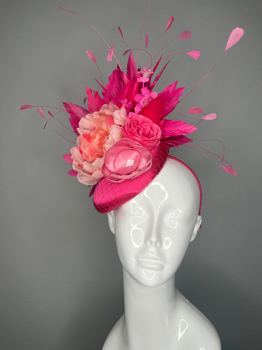 Hot  Pink Feather Floral  Bloom Fascinator  Hot Pink Derby Hat with Floral  Feather Spray