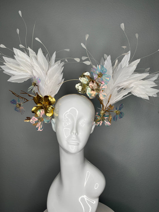 Lux White Feather Iridescent Floral Gold Halo Fascinator