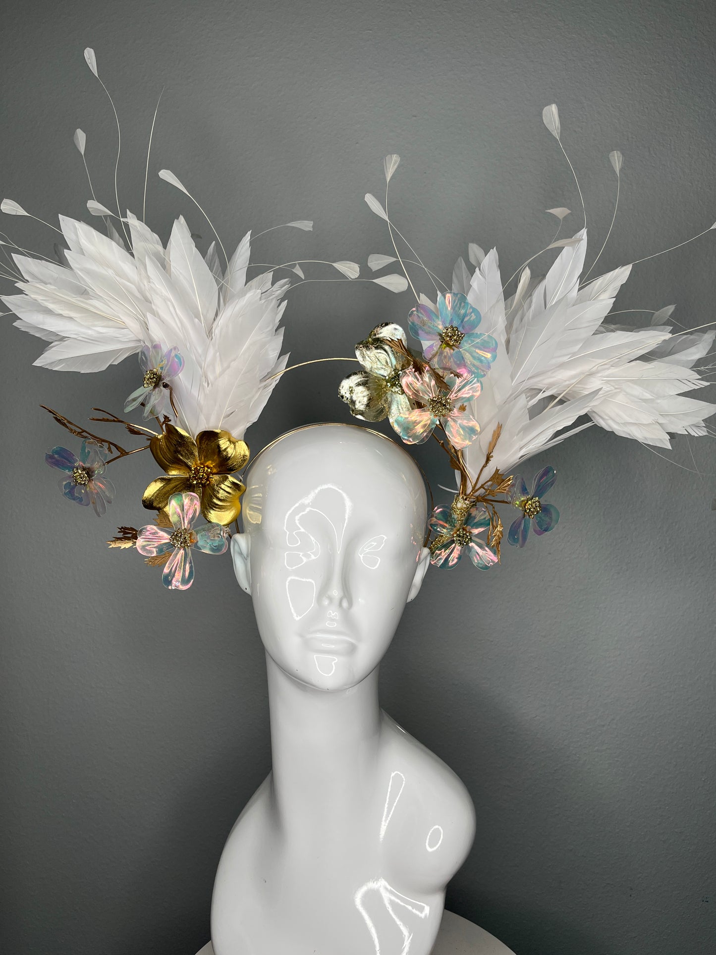 Lux White Feather Iridescent Floral Gold Halo Fascinator