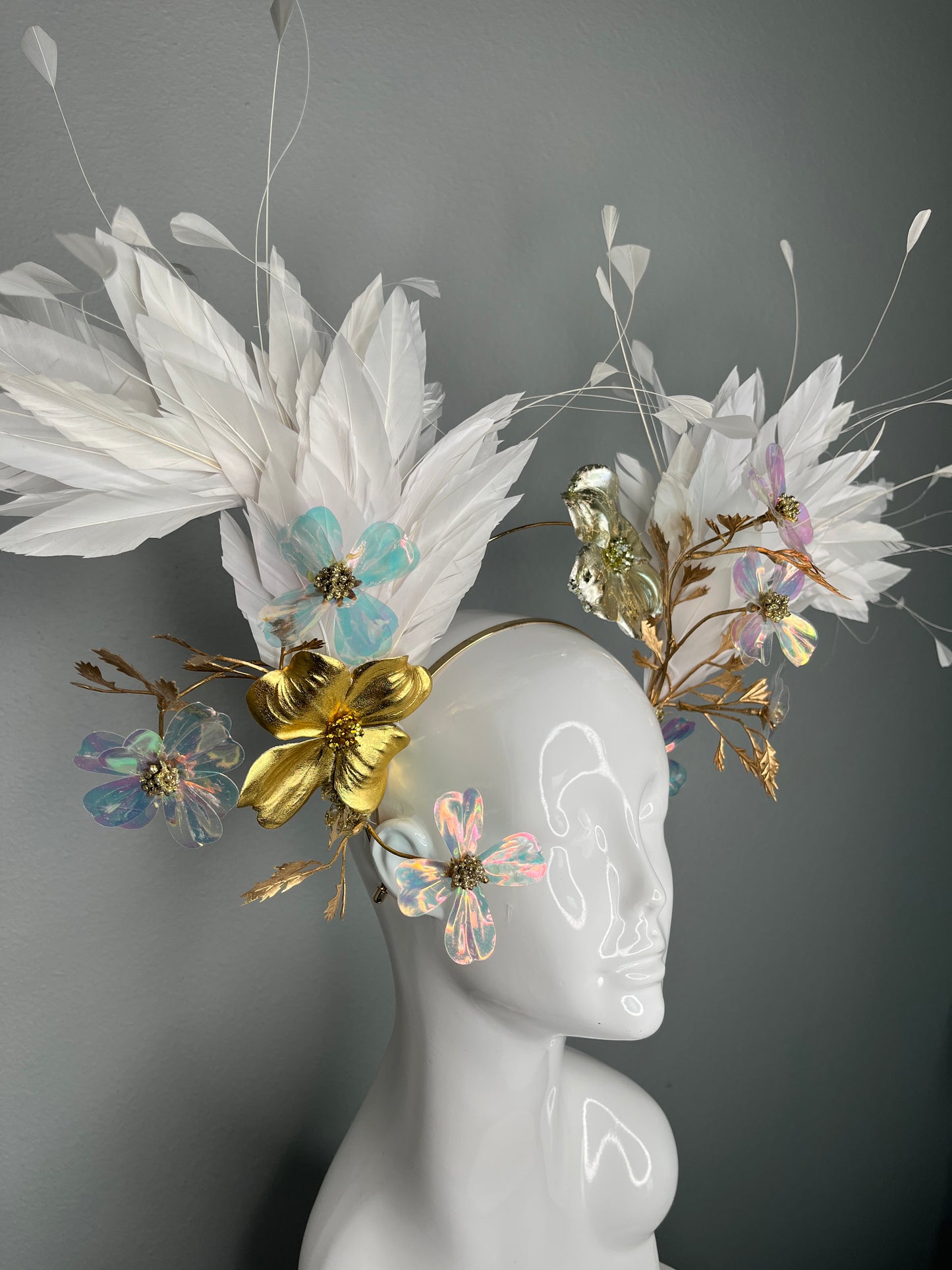 Lux White Feather Iridescent Floral Gold Halo Fascinator