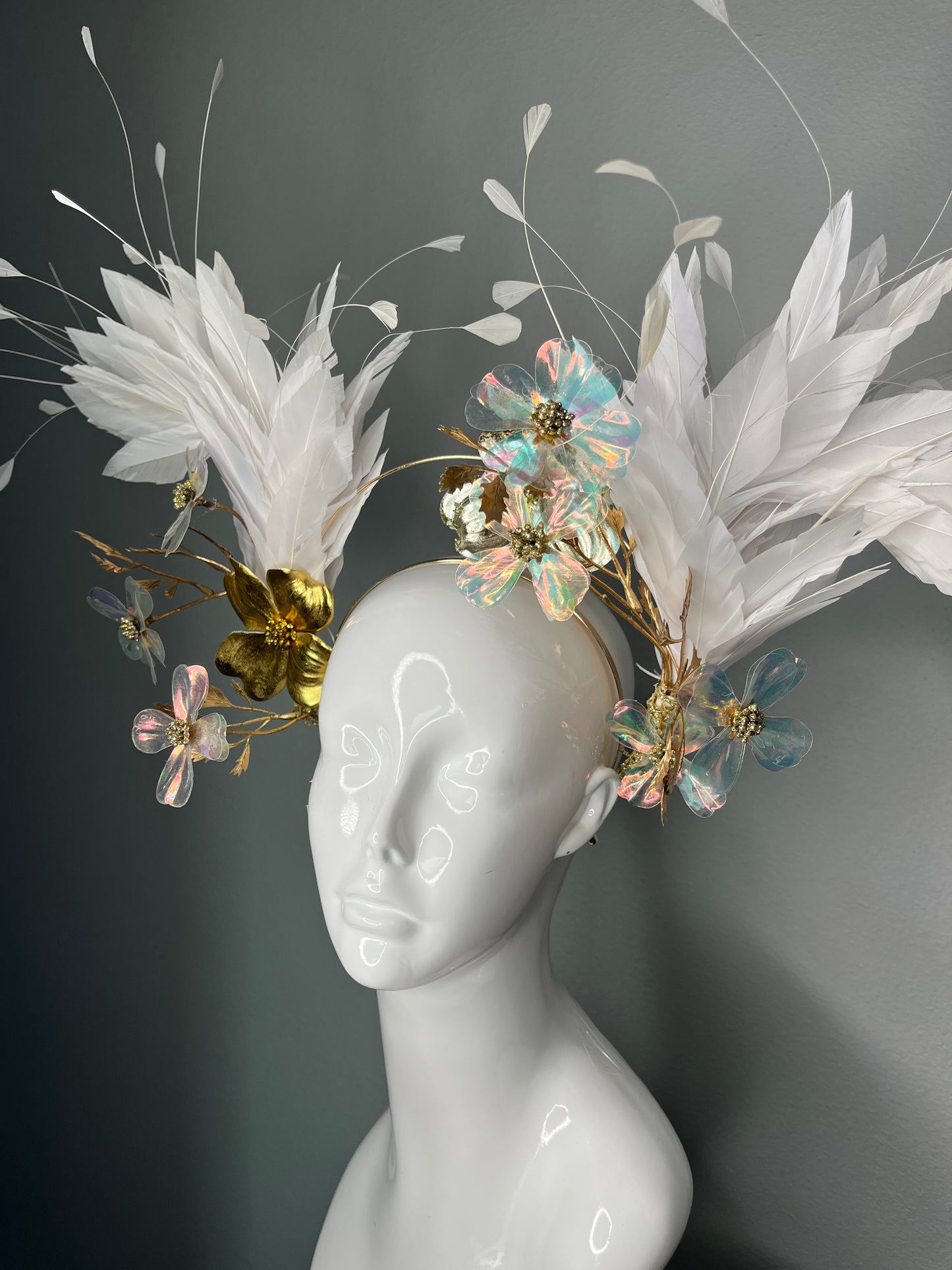 Lux White Feather Iridescent Floral Gold Halo Fascinator