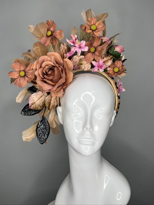 Mocha Brown Rose and Blush Pink Botanical Crown Black Textured Leaves Velvet Leaves Fascinator