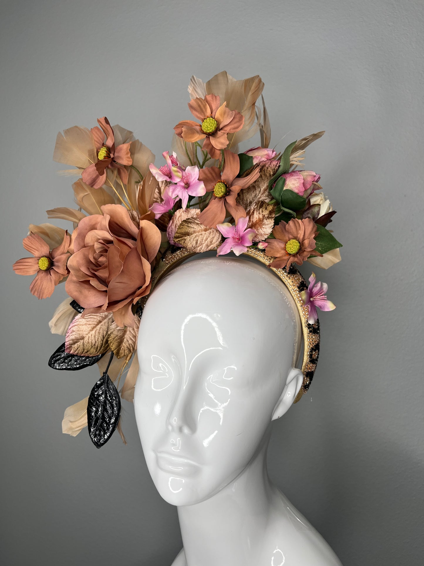 Mocha Brown Rose and Blush Pink Botanical Crown Black Textured Leaves Velvet Leaves Fascinator