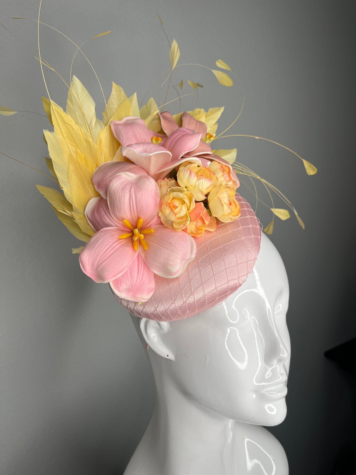 Blush Pink and  Buttercream Yellow Feathers Lily Fascinator Hat Race Day Hat Kentucky Derby Royal Ascot