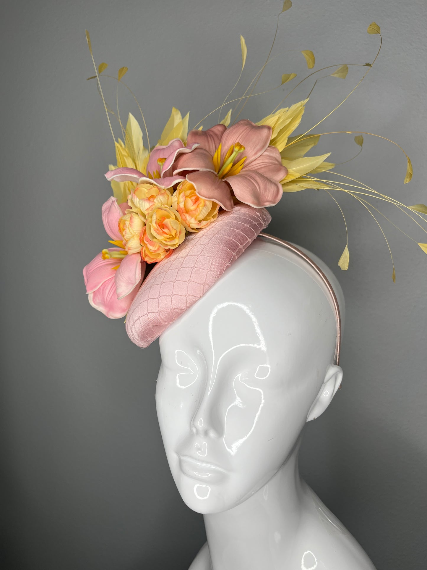 Blush Pink and  Buttercream Yellow Feathers Lily Fascinator Hat Race Day Hat Kentucky Derby Royal Ascot