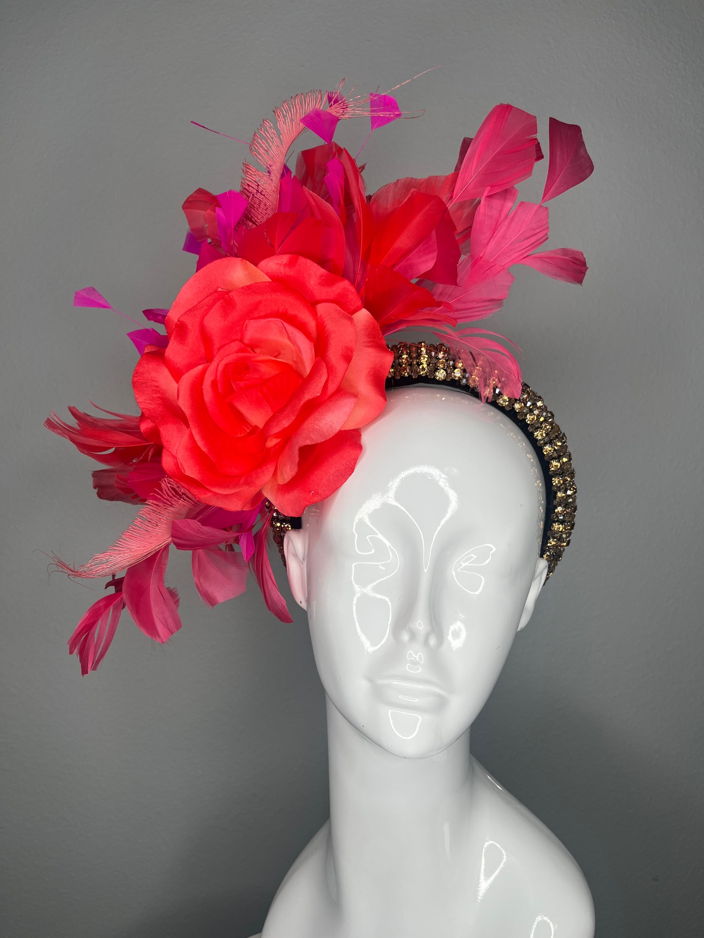 Tropical Sunset Coral Rose Fuchsia Pink and Coral Feather Fascinator