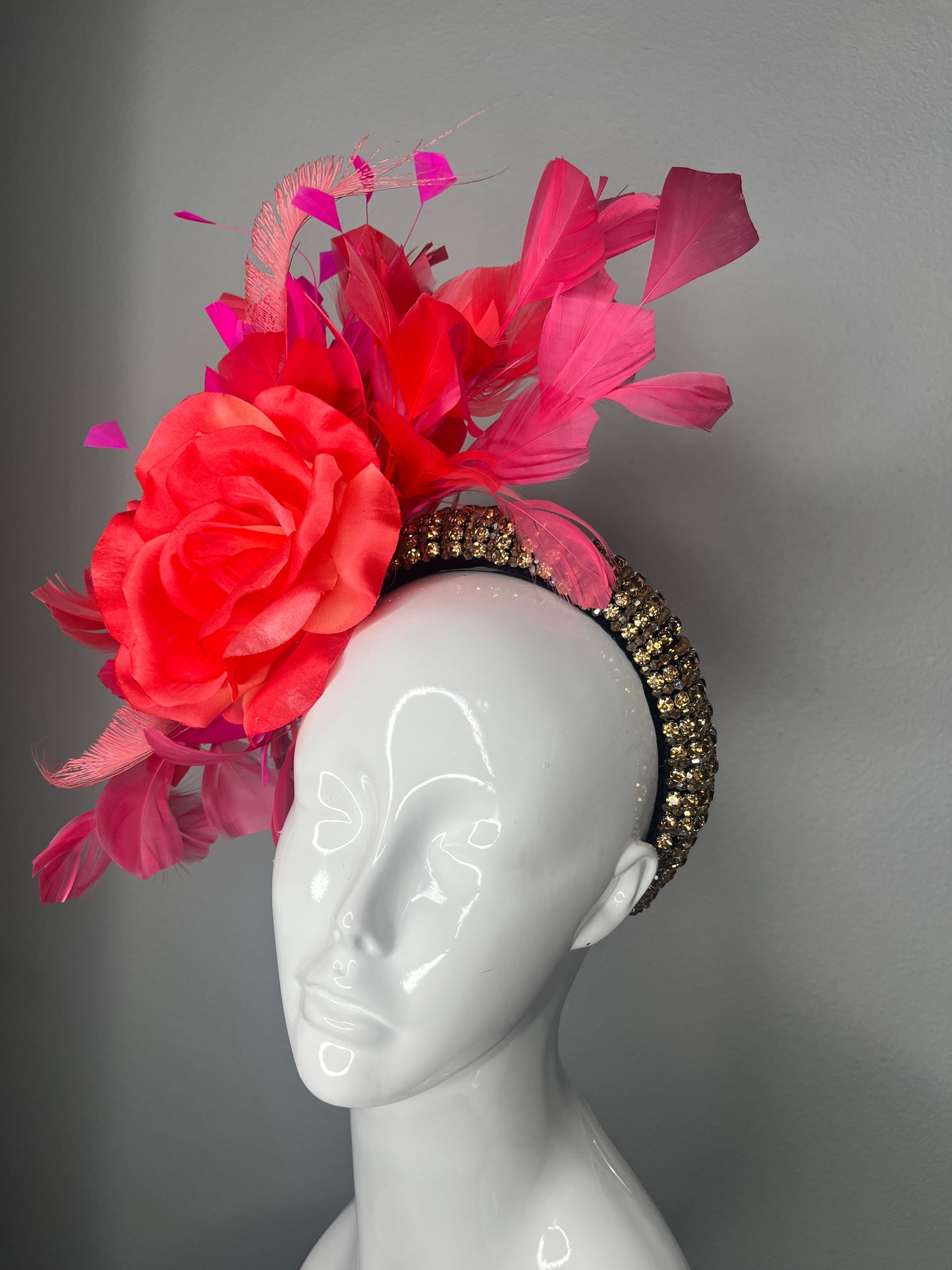 Tropical Sunset Coral Rose Fuchsia Pink and Coral Feather Fascinator