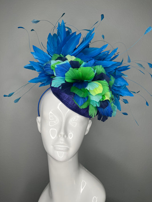 Blue and Green Feather Flower Fascinator on Royal Blue Sinamay Base Royal Ascot Kentucky Derby