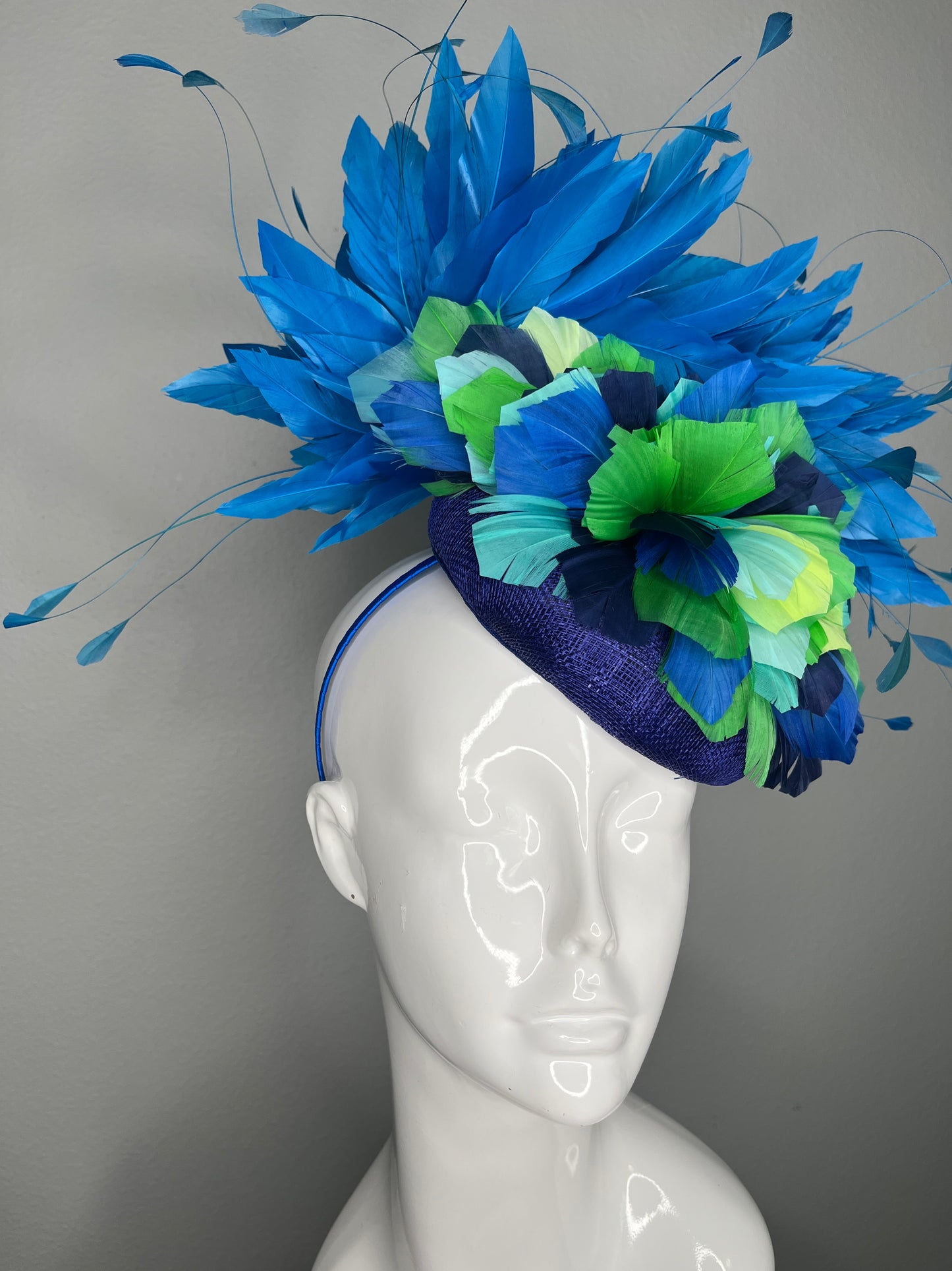 Blue and Green Feather Flower Fascinator on Royal Blue Sinamay Base Royal Ascot Kentucky Derby