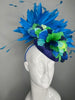 Blue and Green Feather Flower Fascinator on Royal Blue Sinamay Base Royal Ascot Kentucky Derby