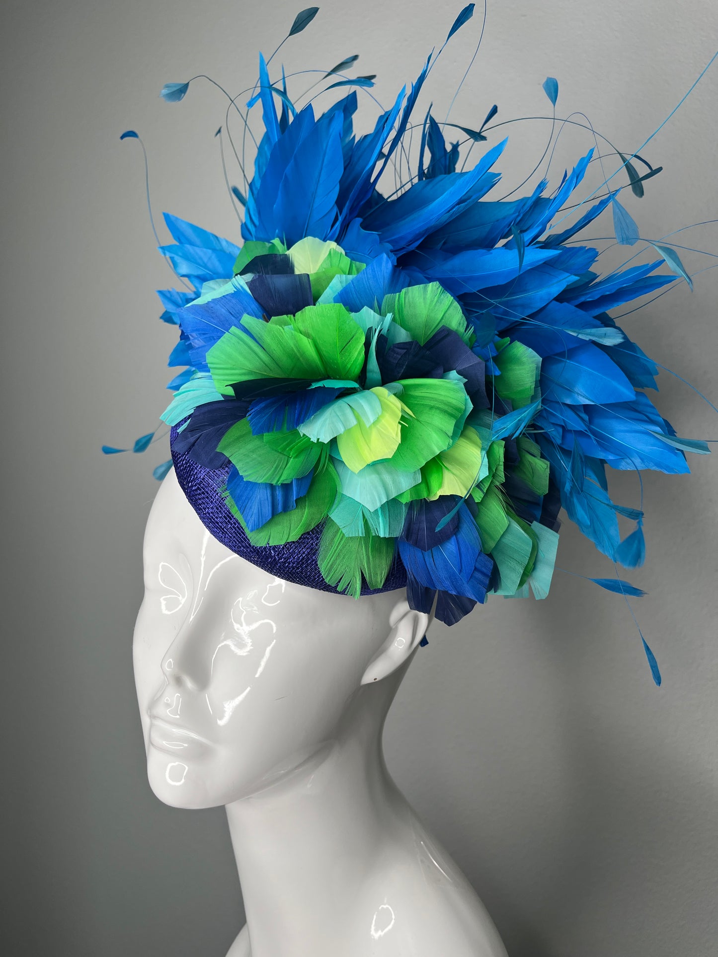 Blue and Green Feather Flower Fascinator on Royal Blue Sinamay Base Royal Ascot Kentucky Derby