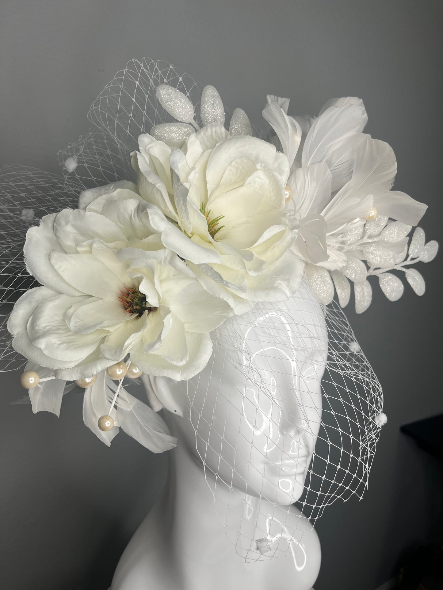 White Garden Magnolia Elegance Feather Fascinator Hat
