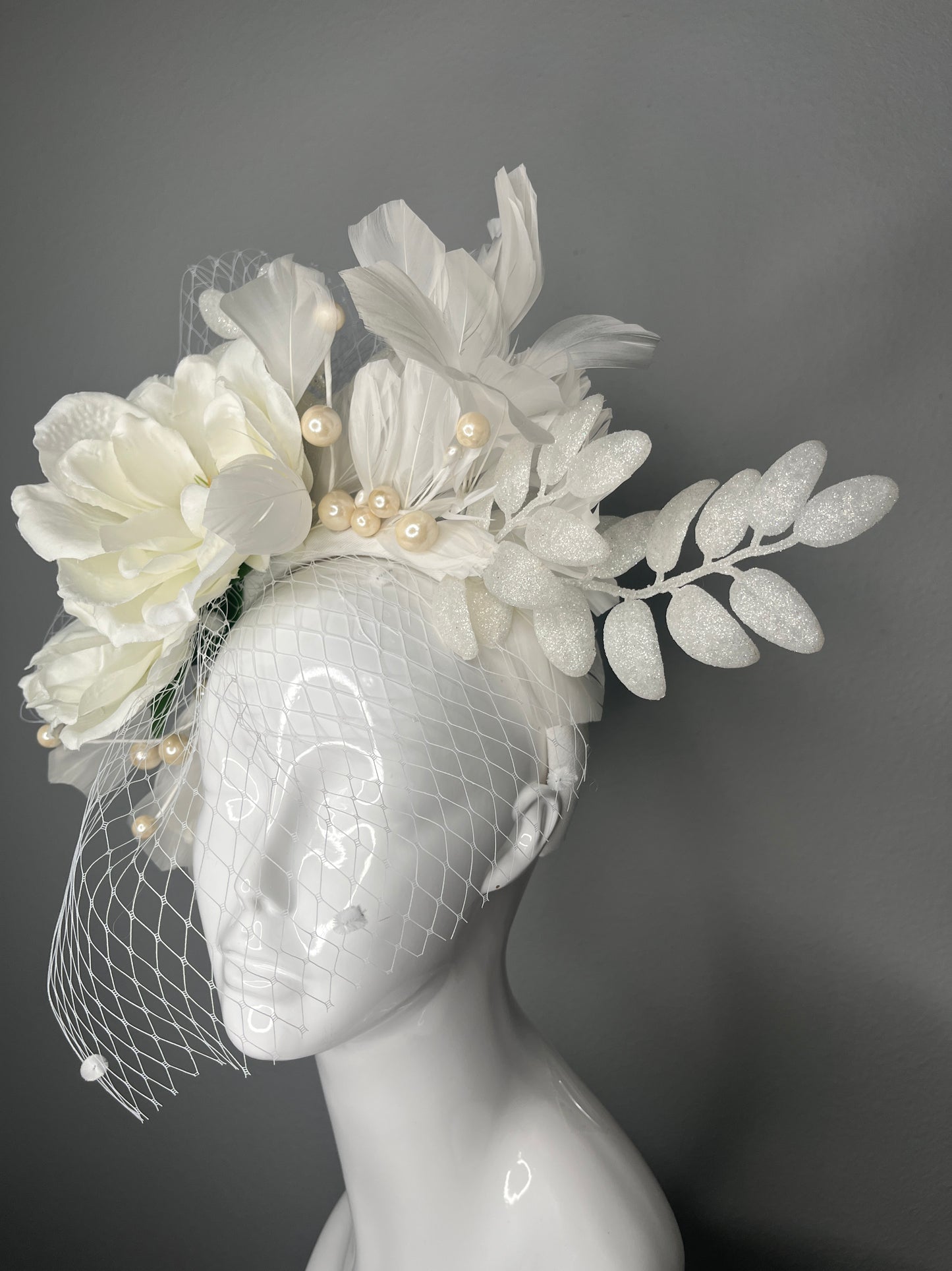 White Garden Magnolia Elegance Feather Fascinator Hat