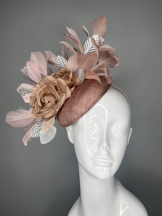 Kentucky Derby Hat Fascinator Mocha Brown Sinamay with Mocha Silk Roses, Soft Blush Feathers  Metallic Silver Leaves