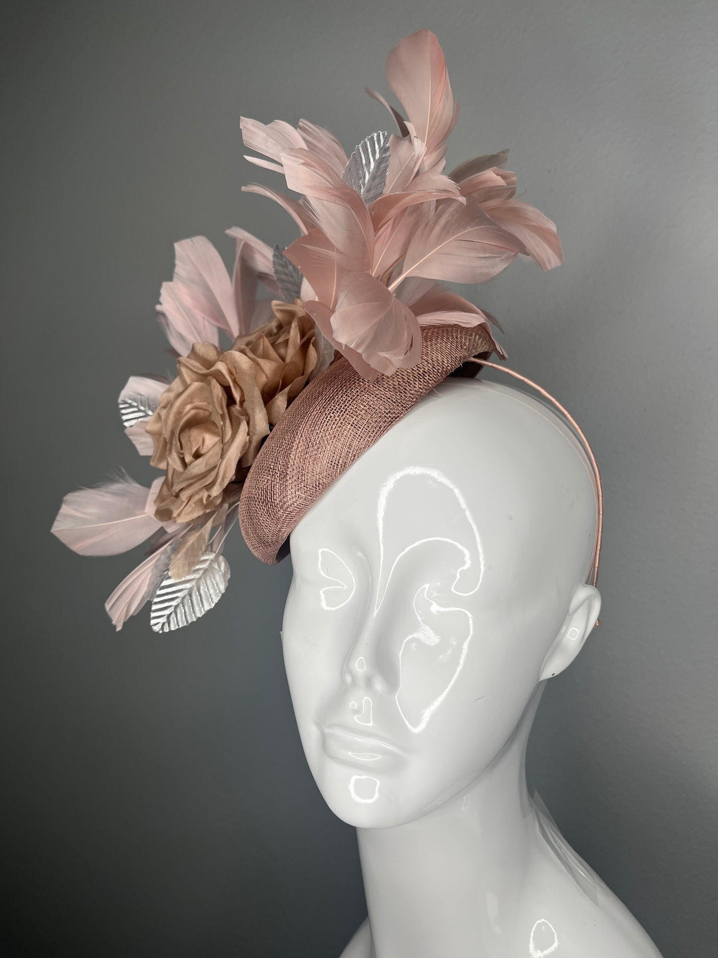 Kentucky Derby Hat Fascinator Mocha Brown Sinamay with Mocha Silk Roses, Soft Blush Feathers  Metallic Silver Leaves