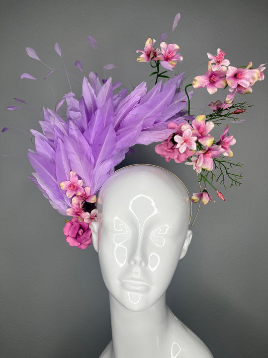 Kentucky Derby Hat Fascinator  Lavender Goose Feathers with Pink Floral Sprays, Fuchsia Flowers & Gold Headband